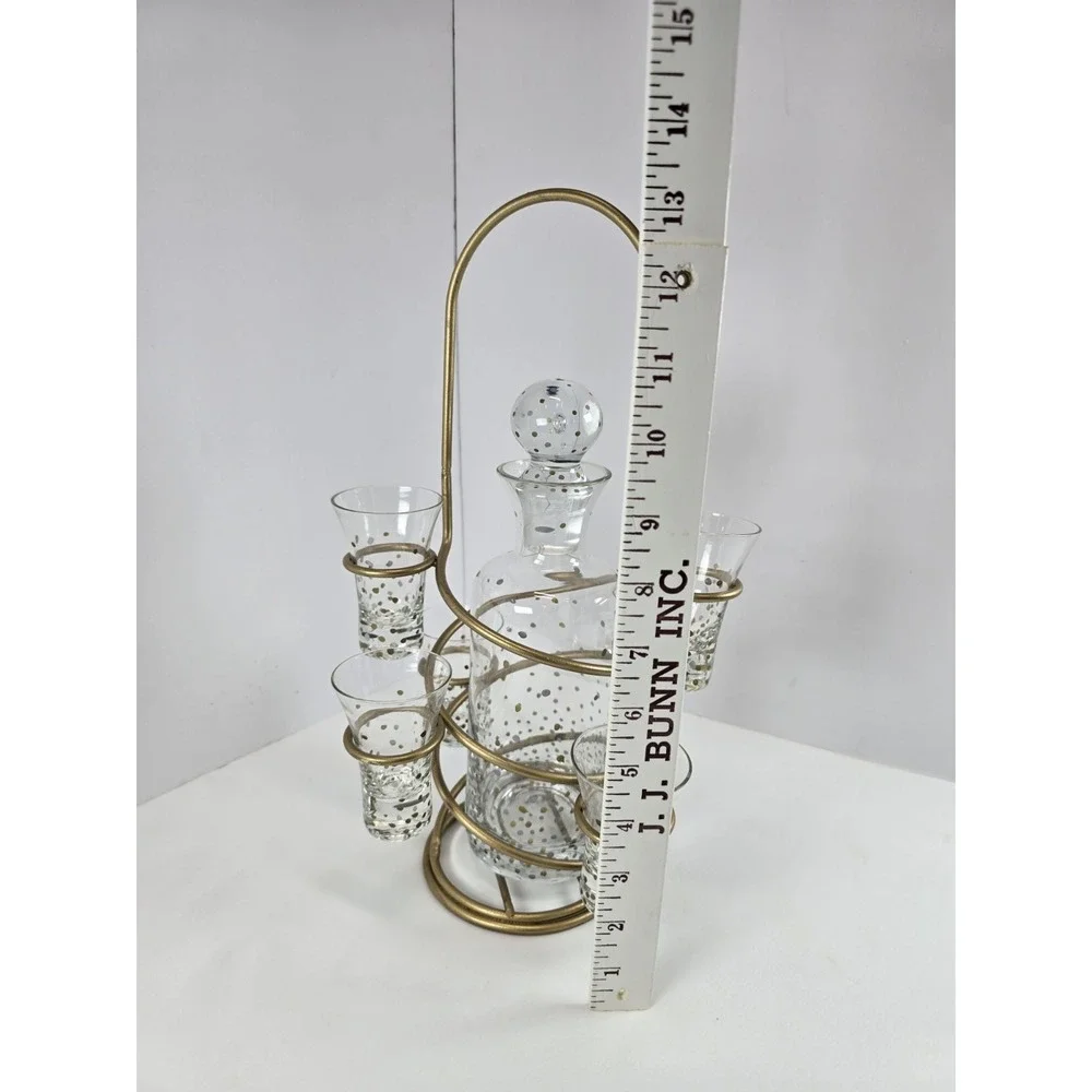 MCM Black & Gold Spots Glass Decanter Shot Glass Set Gold Caddy Barware 8 Pc
